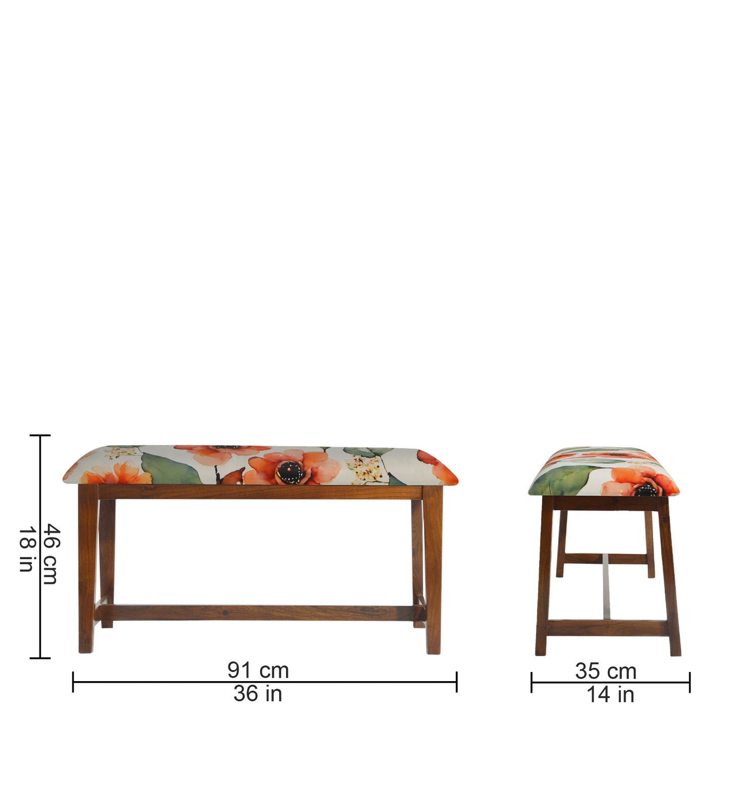 Veda Upholstered Bench (Organic Floral Pattern Orange Flower)