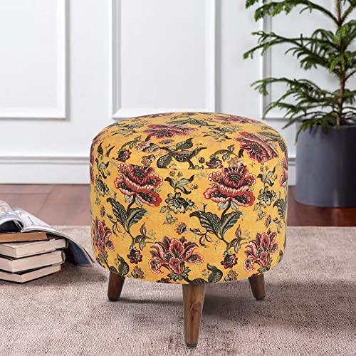Globally Indian Round Puff in Sheesham Wood (Yellow Floral)