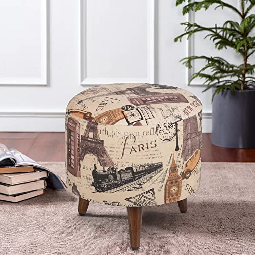 Globally Indian Round Puff in Sheesham Wood (Graphic Print)